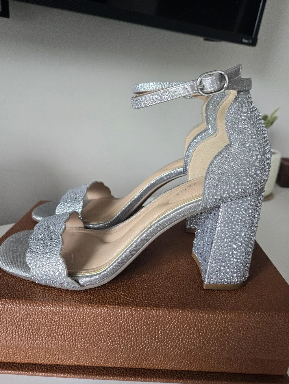 Katie & Kelly Sparkling Silver Rhinestone Ankle-Strap Block Heel Sandal (NEW) - Picture 8 of 14